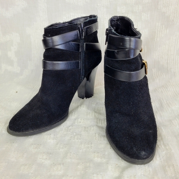 INC black suede boots ankle straps gold buckles patent heels dressy boho fancy 7 - Picture 8 of 10